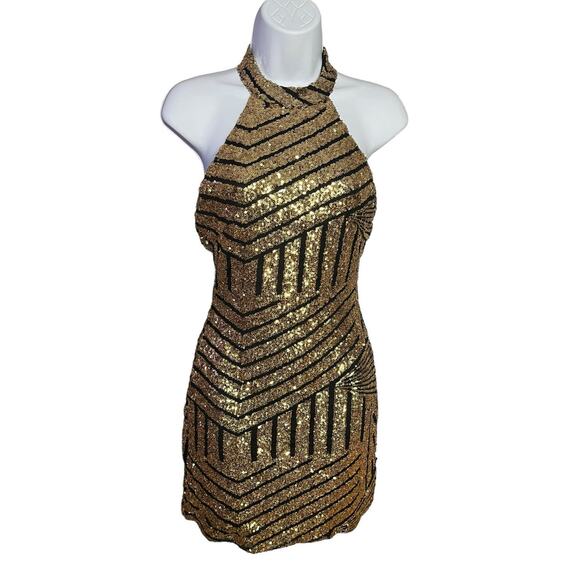 Lac Bleu black mesh gold sequin high neck halter mini dress small - Picture 1 of 6